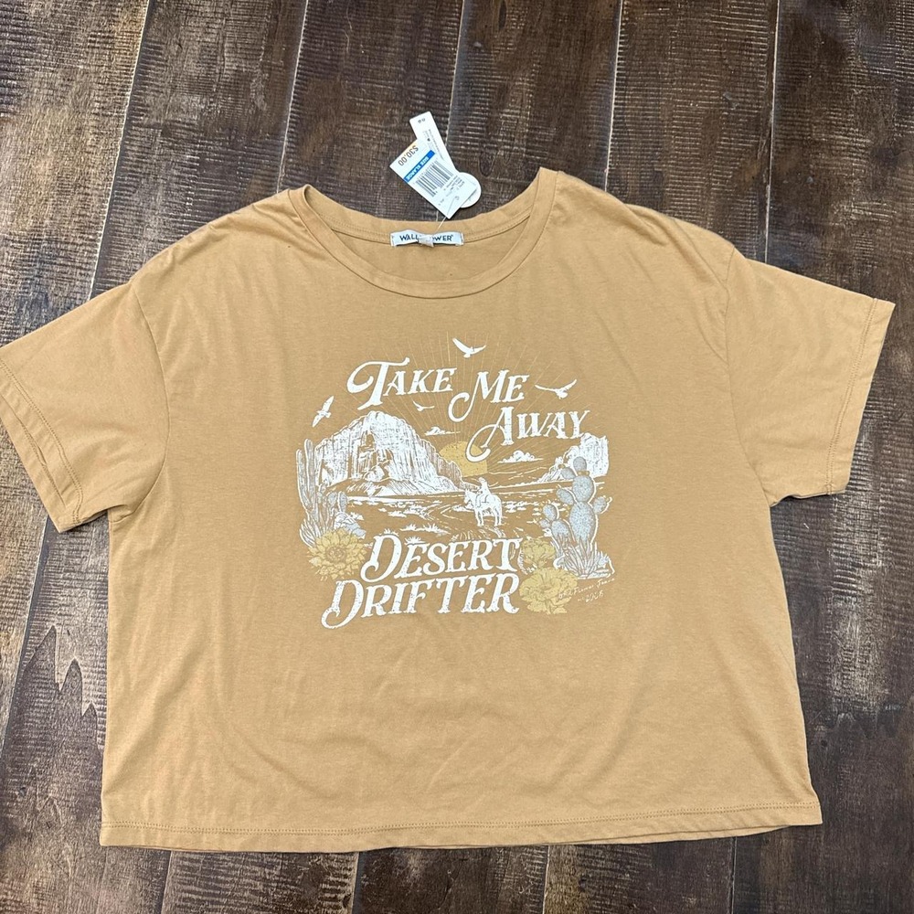 Wallflower Tan "Take Me Away Desert Drifter" graphic crop tee